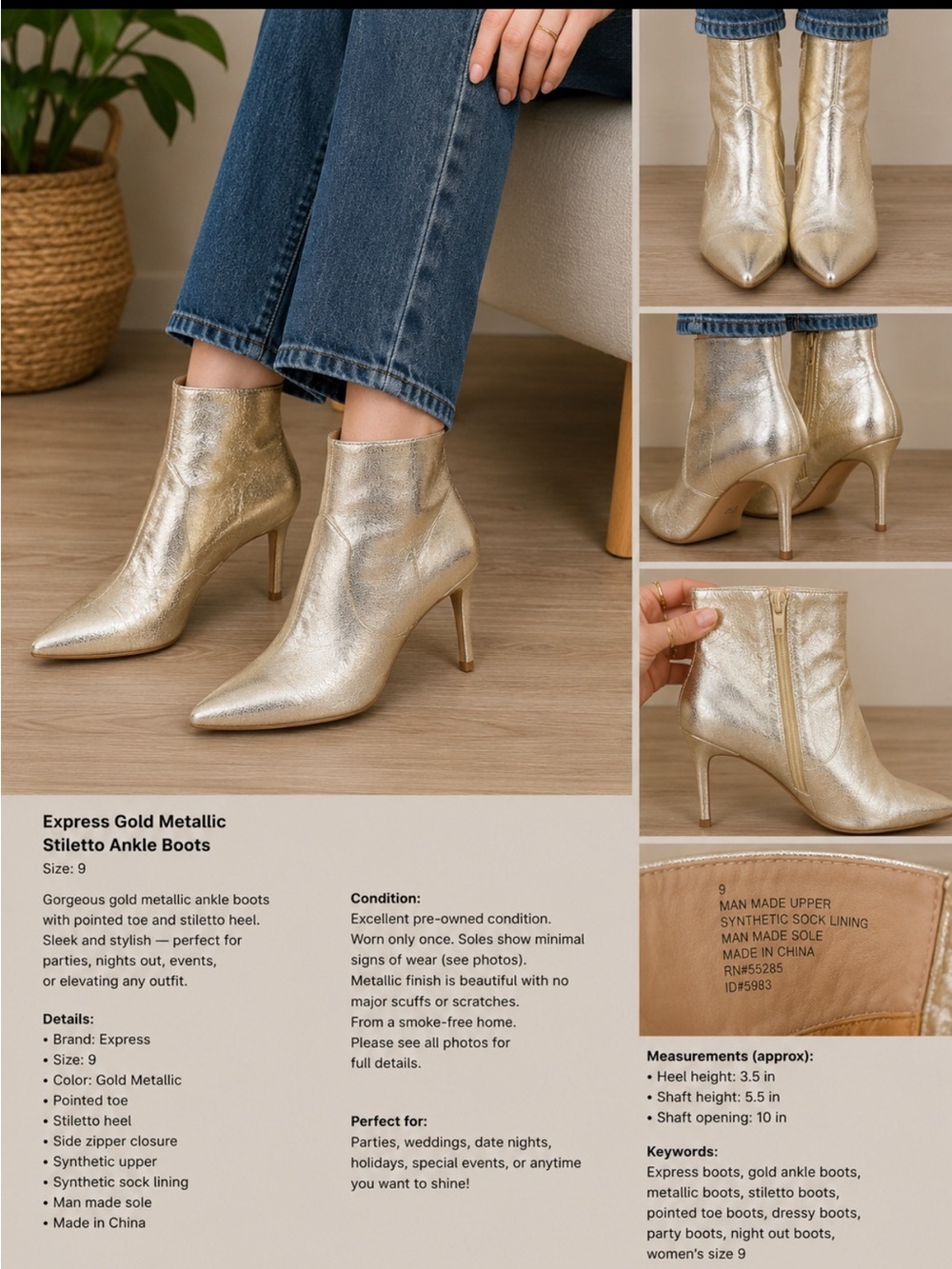 Express Gold Metallic Pointed-Toe Stiletto Ankle Boots